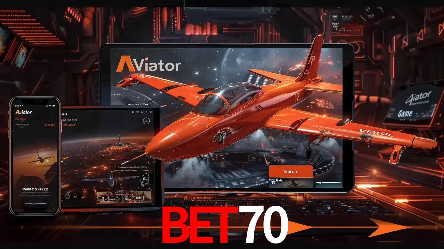 Apresentação tecnológica do jogo Aviator com um avião saindo da tela de um tablet, demonstrando a experiência imersiva em múltiplos dispositivos no bet70.