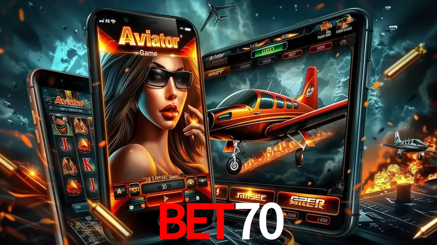 O popular jogo de apostas Aviator exibido em vários celulares e tablets, mostrando a interface emocionante e a ação de voo disponíveis para jogar agora no bet70.
