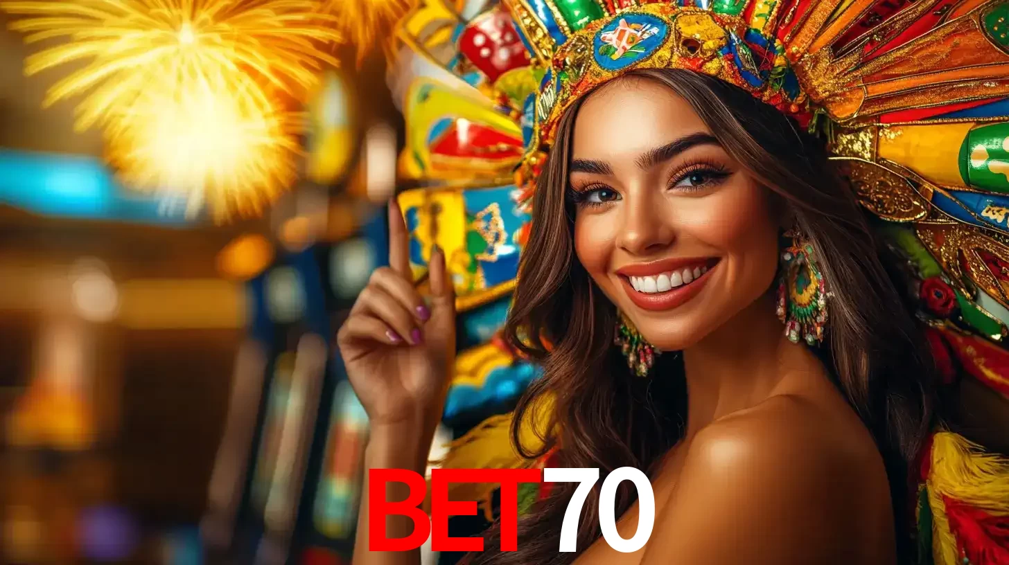 Mulher sorridente com um cocar de carnaval vibrante e colorido, celebrando uma grande vitória nos jogos do cassino bet70 com fogos de artifício ao fundo.