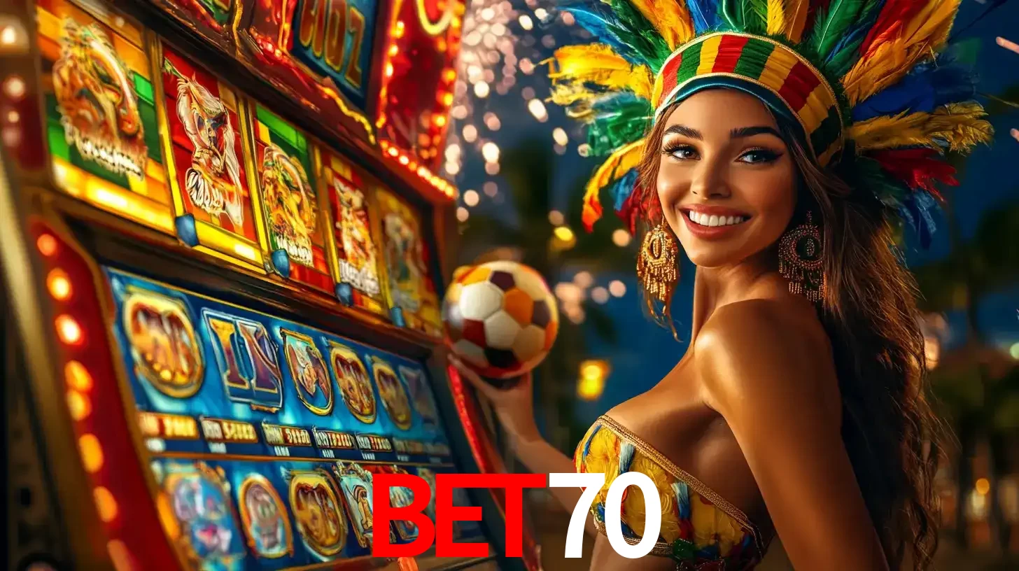 Mulher com um cocar de carnaval ao lado de uma máquina de caça-níqueis enquanto segura uma bola de futebol, mostrando a união da diversão de cassino e esportes no bet70.