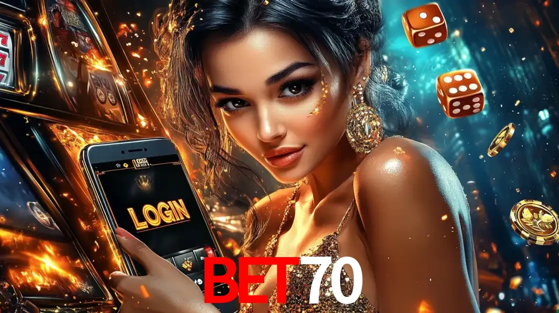 Mulher glamourosa segurando um celular com a tela de login do cassino bet70, rodeada por dados e moedas douradas, pronta para começar a diversão.