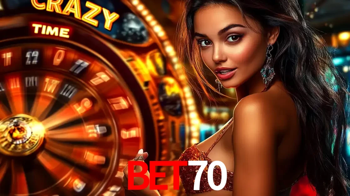 Mulher ao lado da roda de prêmios do jogo de cassino ao vivo Crazy Time, um dos shows de jogos mais emocionantes oferecidos pela plataforma de apostas bet70.