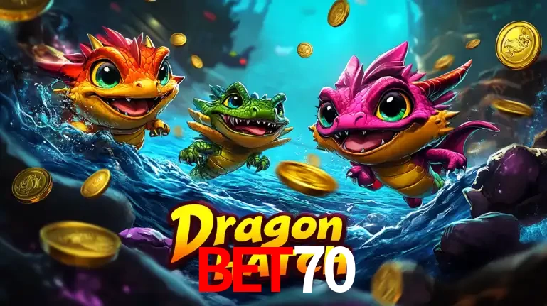 Arte promocional do jogo Dragon Hatch com três adoráveis dragões bebês nadando entre moedas de ouro, um dos slots mais divertidos para jogar no cassino bet70.