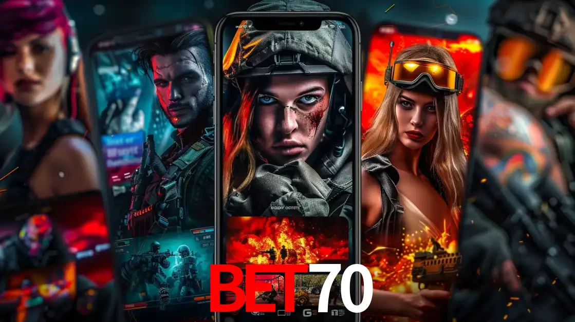 Montagem de telas de celular mostrando diversos personagens, masculinos e femininos, de um jogo de tiro, ilustrando a diversidade de equipes de e-sports para apostar no bet70.