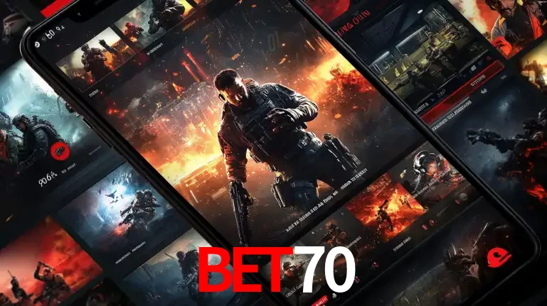 Tela de um celular exibindo uma galeria de jogos de tiro com temática militar, mostrando a variedade de e-sports disponíveis para apostas na plataforma de entretenimento bet70.