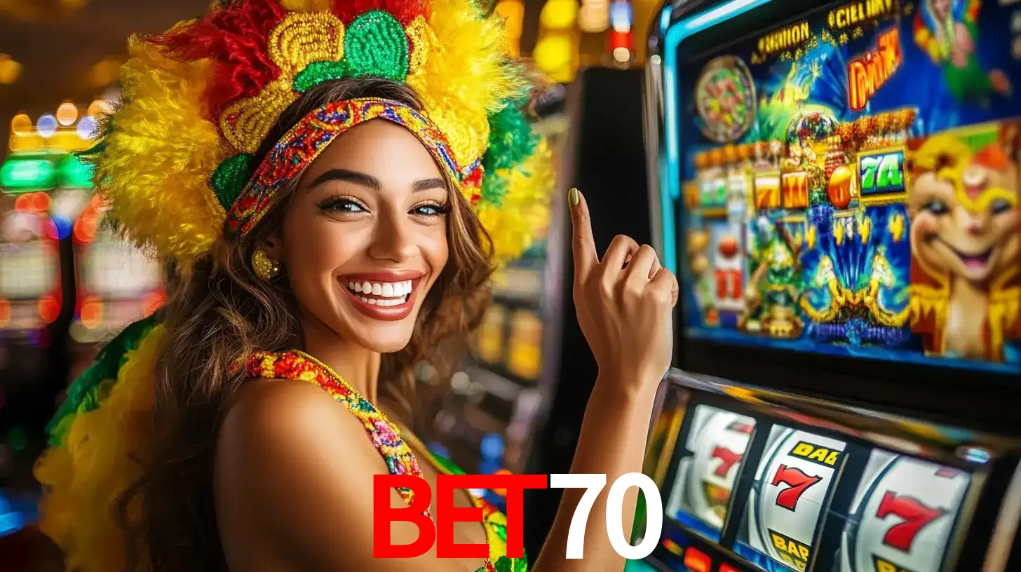 Mulher animada com um cocar de carnaval apontando para uma máquina de caça-níqueis, mostrando a emoção de ganhar um grande prêmio nos jogos do bet70.