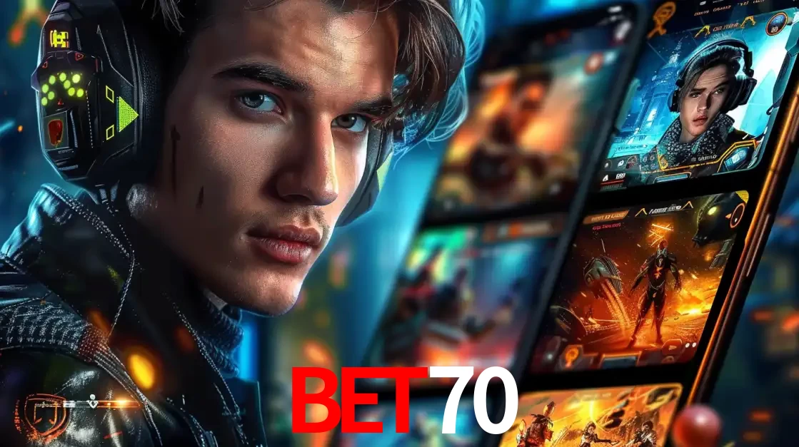 Jovem jogador com fones de ouvido olhando para a câmera, com um aplicativo de jogos e e-sports para celular ao fundo, pronto para a competição e apostas no bet70.