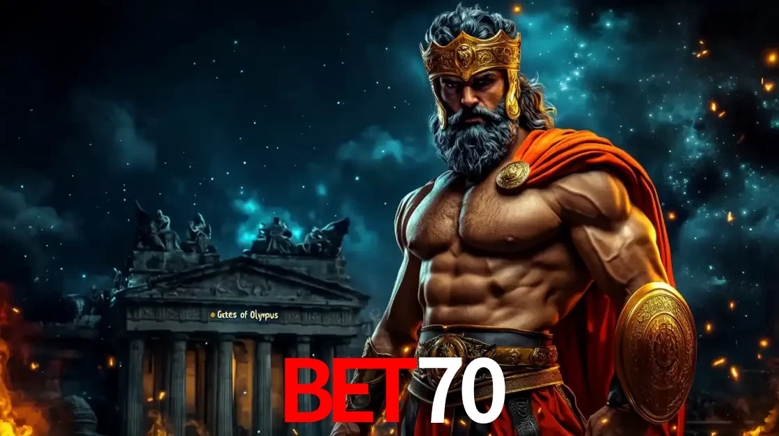 O poderoso Zeus do jogo de slot Gates of Olympus em frente ao seu templo, pronto para lançar multiplicadores divinos e prêmios épicos no cassino online bet70.