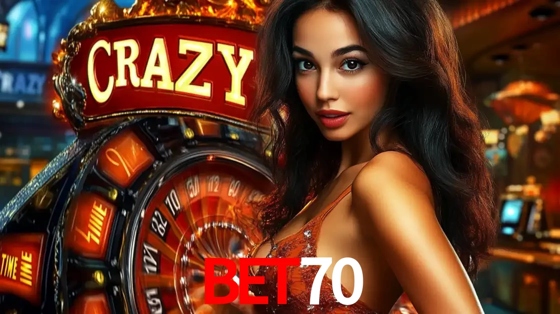 Mulher glamourosa olhando para a câmera com a roda vermelha do Crazy Time ao fundo em um ambiente de cassino, destacando a emoção dos jogos ao vivo no bet70.