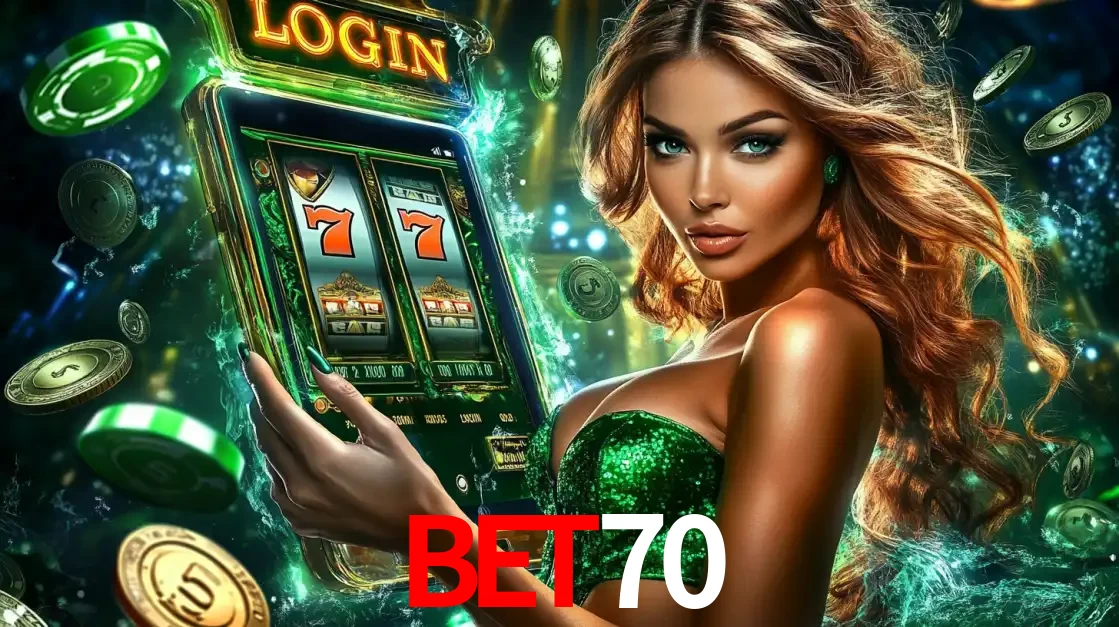 Mulher com tema verde apresentando o aplicativo do cassino bet70 com um jogo de slot de 777, cercada por fichas de cassino e uma aura de sorte.
