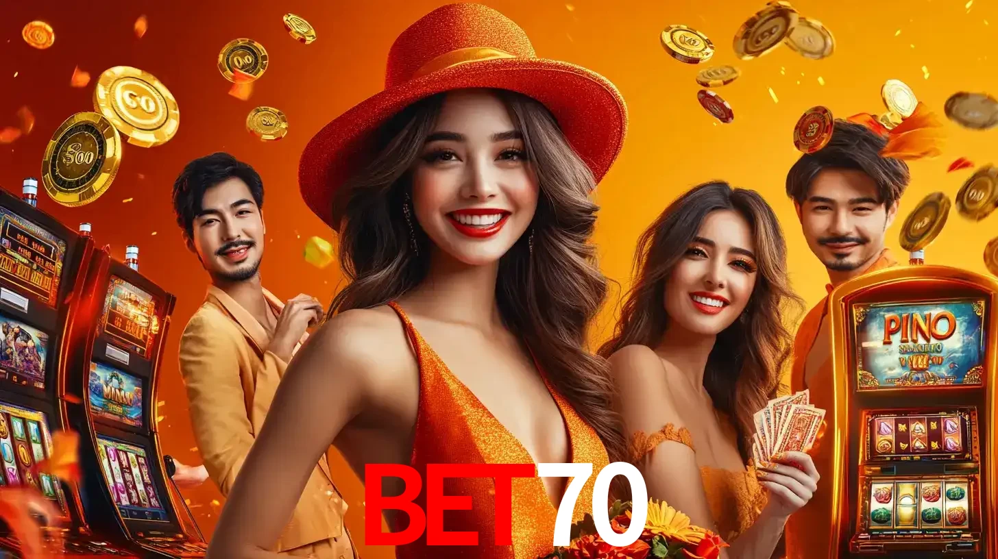 Grupo de amigos asiáticos sorrindo e se divertindo com máquinas de caça-níqueis em um ambiente festivo, celebrando suas vitórias nos jogos de cassino do bet70.