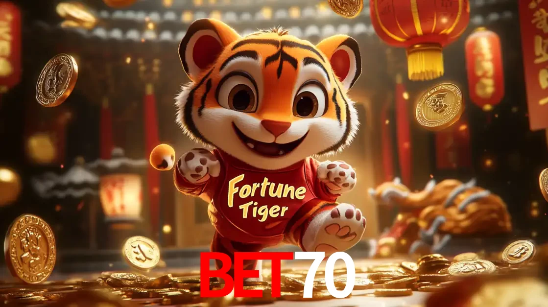 O alegre personagem do Fortune Tiger correndo sobre um caminho de moedas de ouro, simbolizando os grandes prêmios e a diversão do popular jogo de slot do bet70.