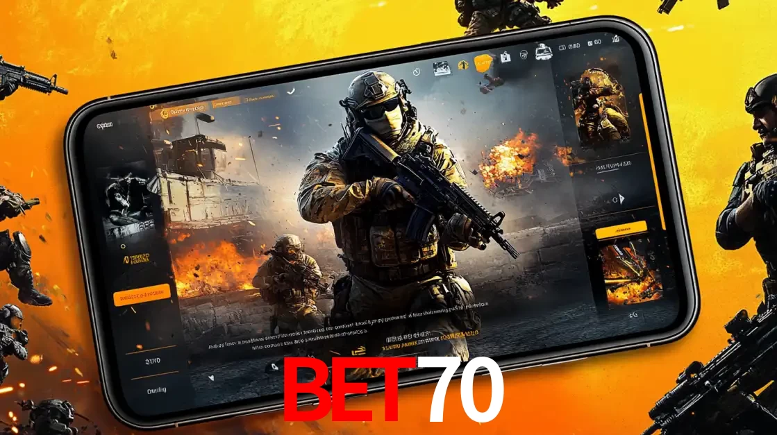 Um smartphone exibindo a interface de um jogo de tiro em primeira pessoa, com um soldado em um cenário de batalha, representando a ação dos e-sports para apostar no bet70.