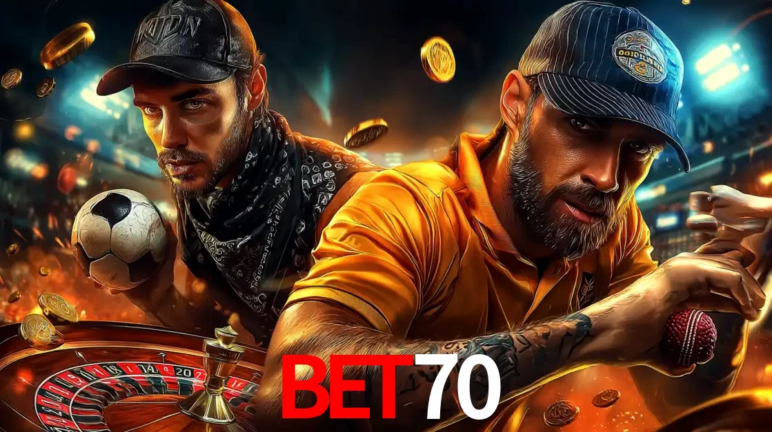 Montagem de apostas esportivas e cassino no bet70, com um homem segurando uma bola de futebol e outro uma de beisebol sobre uma roleta e moedas voadoras.