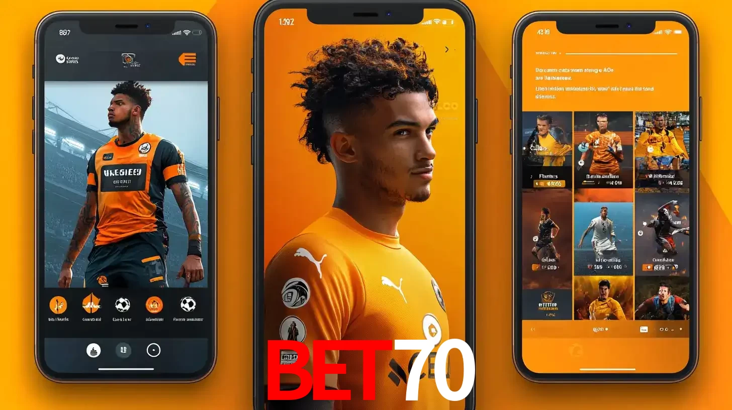 Interface do aplicativo de apostas esportivas bet70 em três telas de celular, mostrando o perfil de um jogador de futebol e a lista de jogos disponíveis para apostar.