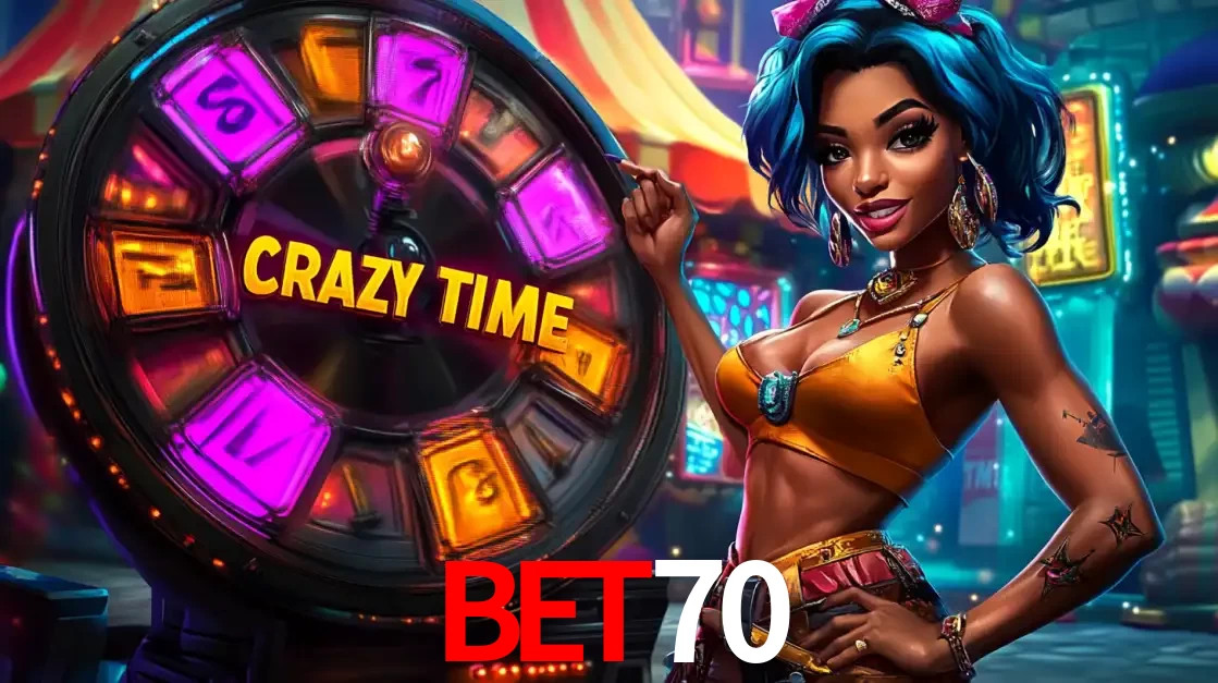 Mulher estilizada com cabelo azul e visual vibrante posando ao lado da roda de prêmios do game show Crazy Time, convidando para a diversão e os bônus do cassino bet70.