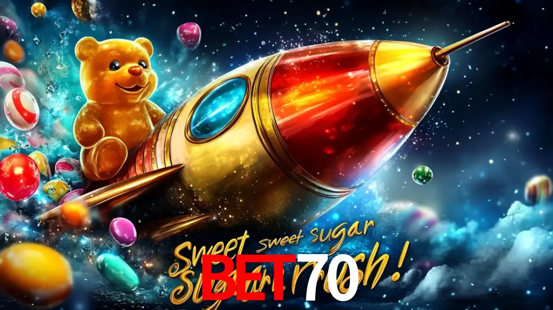 Arte promocional do jogo de slot Sugar Rush, com um urso de pelúcia em um foguete viajando pelo espaço de doces, um dos jogos divertidos disponíveis no cassino bet70.