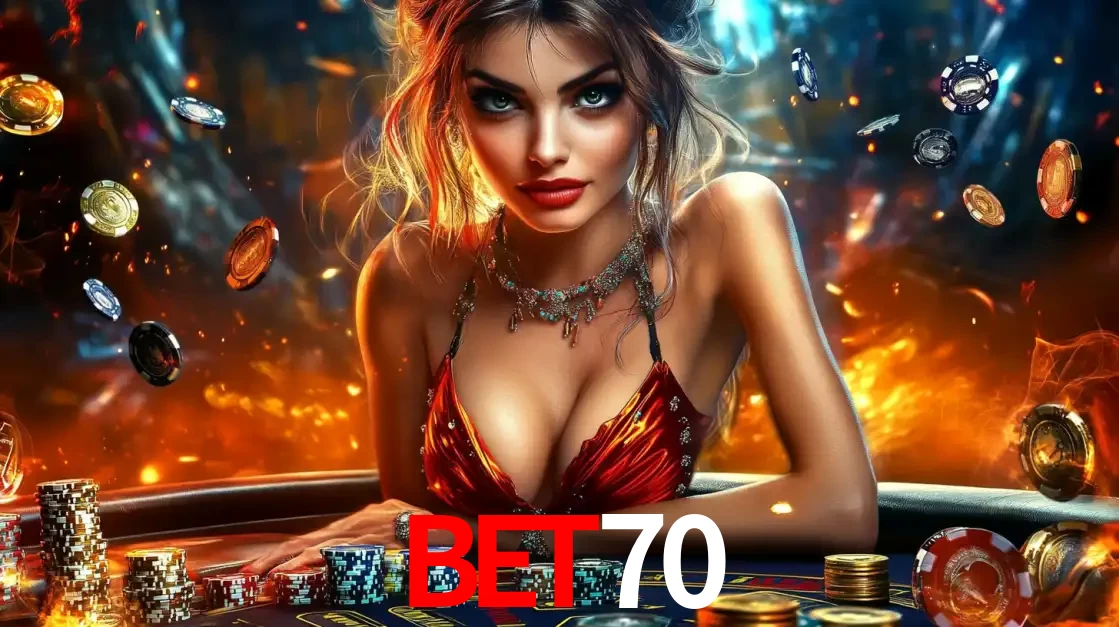 Mulher em uma mesa de cassino com pilhas de fichas e um fundo de fogo, pronta para uma rodada de altas apostas nos jogos de mesa emocionantes do cassino bet70.