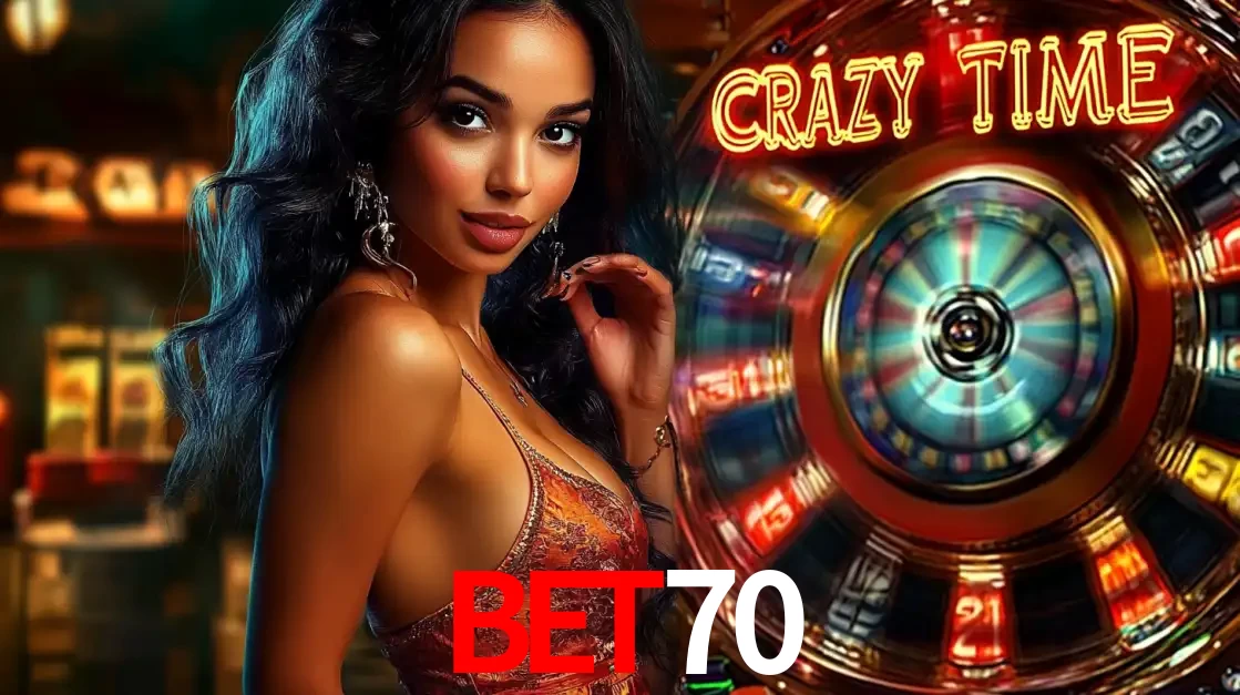 Mulher elegante ao lado da vibrante roda da fortuna do jogo de cassino ao vivo Crazy Time, um dos game shows mais populares e cheios de prêmios do bet70.