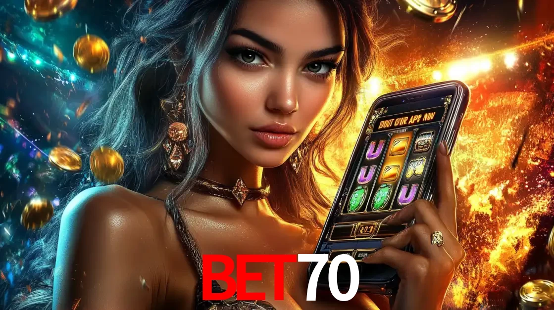 Mulher elegante mostrando um jogo de caça-níqueis em seu smartphone, destacando a experiência de cassino móvel oferecida pelo aplicativo bet70.