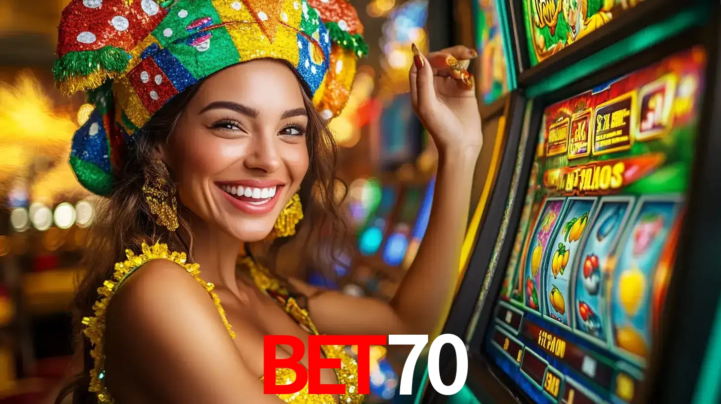 Mulher feliz com traje de carnaval amarelo e colorido ao lado de uma máquina de caça-níqueis, aproveitando a diversão e os jogos temáticos do cassino bet70.