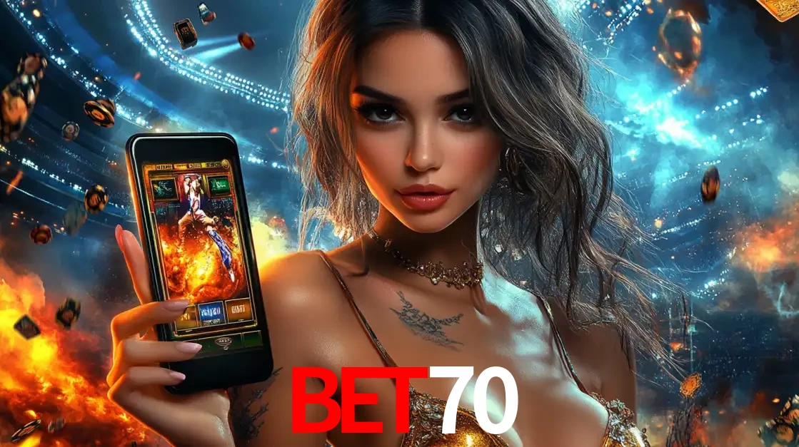 Mulher segurando um celular com um jogo de slot em destaque, tendo como fundo um estádio vibrante, simbolizando a emoção de jogar no cassino móvel bet70.