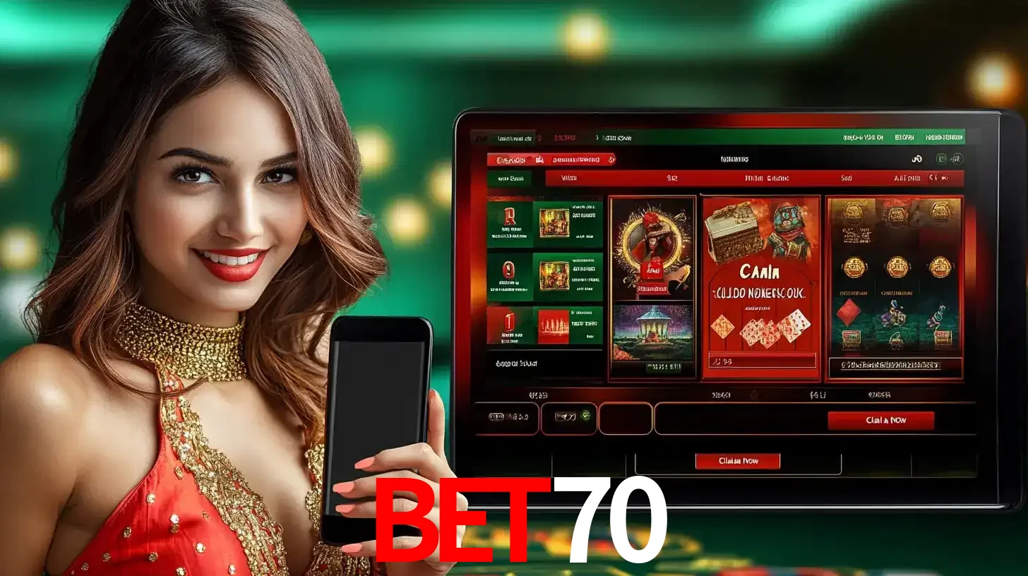 Mulher sorridente segurando um smartphone, ao lado de uma tela exibindo o lobby de jogos do cassino online bet70, com várias opções de jogos de cartas e slots.